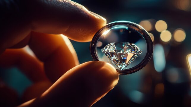 Jeweler inspecting a diamond through a magnifying loupe under bright light. Featuring precision and elegance