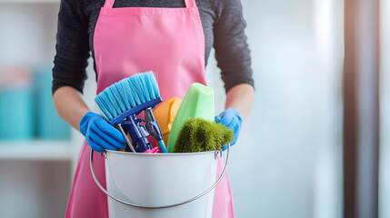 Woman In Pink Apron And Blue Gloves Holding White Bucket Filled With Cleaning Supplies