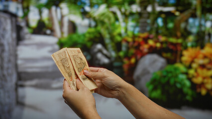 Man holding brazilian reais banknotes in an outdoor city park, emphasizing the concept of money,...