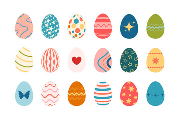 Colorful Easter eggs with different patterns. Spring flat clip art elements.