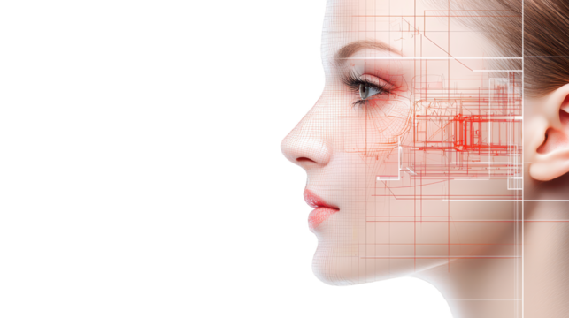 Intricate facial grid overlay, highlighting the lines and structure of a woman's face