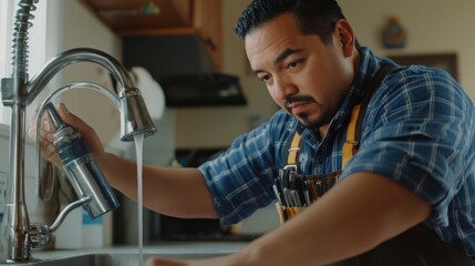 Hispanic plumber replacing a faucet in a kitchen sink. Featuring plumbing and home repairs