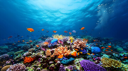 Fototapeta premium Vibrant Coral Reef Ecosystem Teems With Colorful Fish in a Sunlit Underwater Seascape