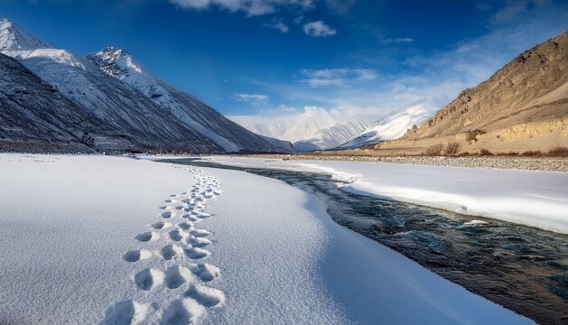 Footprints of a snow leopard on frozen Zanskar river