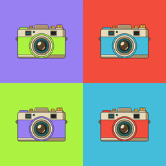 A set of retro camera illustrations in pop art style. The design evokes a nostalgic feel, reminiscent of the 60s–70s era, and is perfect for themes like photography, travel, and vintage aesthetics.