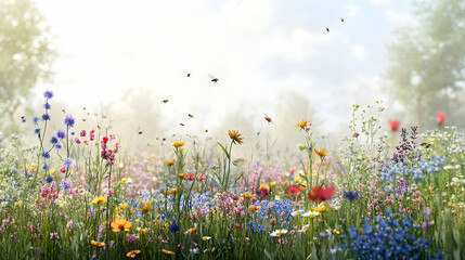 A vibrant meadow blossoms under a soft, sunlit sky.