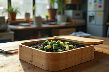 Sunlit kitchen with bamboo container of black beans and chopped zucchini on wooden table
