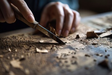 An artisan meticulously carves a traditional woodblock print with a sharp blade, scattering fine wood chips across the tabletop.