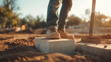 Construction worker leveling the ground for a foundation. Featuring focus and preparation