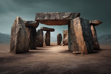 Ancient stone monument in a vast desert landscape.