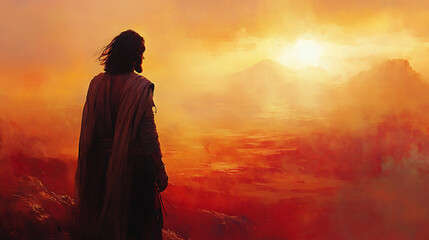 Fototapeta premium A wide cinematic shot of the desert with Jesus in the foreground, eyes lifted to the light-filled sky, solitude and divinity blending in perfect harmony soft royal hues of red, gold, and ivory.