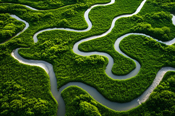 Aerial view winding river lush green nature