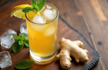 Refreshing homemade ginger beer cocktail with ice cubes, lemon slice mint leaves. Healthy summer drink served in glass on wooden brown table with ginger root.