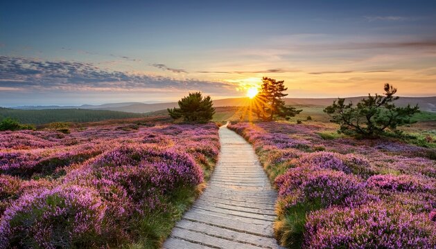 Path through blooming Heather plants in Heathland landscape during sunrise in summer