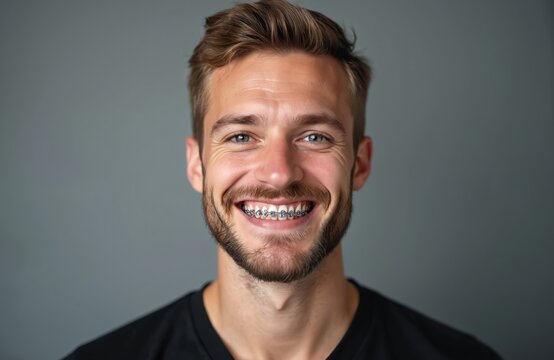 Smiling handsome caucasian man wearing braces against studio gray background. Young male shows perfect white teeth with braces. Orthodontic treatment. Orthodontics concept. Healthy smile. Man