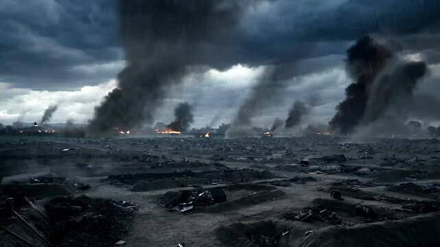 Intense battlefield panorama with explosions and smoke under ominous skies