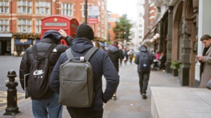 People walking down a blurred london street in winter with iconic red phone box and buildings under...