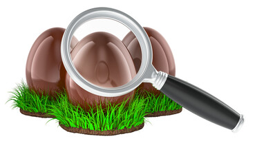 Chocolate Easter Eggs with loupe. Egg hunt, concept. 3D rendering isolated on transparent background