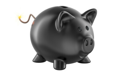 Black Piggy Bank as bomb with burning fuse. 3D rendering isolated on transparent background