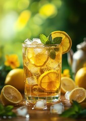 Refreshing Lemonade Drink with Ice and Mint in a Glass, Surrounded by Fresh Lemons and Greenery on a Sunny Day