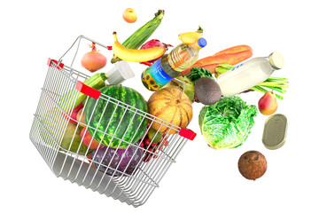 Shopping basket with food products flying out of it. 3D rendering isolated on transparent background