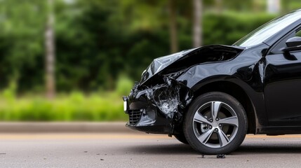 Damaged Black Car on Roadside After Collision with Visible Impact and Crumpled Hood in a Green Landscape