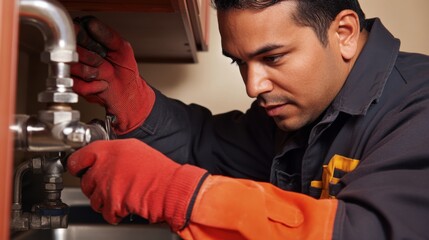 Hispanic plumber replacing old plumbing pipes under a kitchen sink. Featuring plumbing and home upgrades