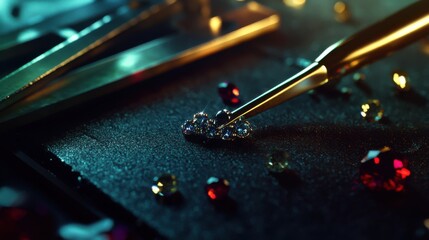 Jewelry artisan setting gemstones into a gold ring. Featuring precision and luxury craftsmanship