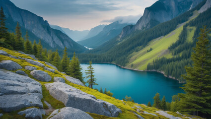 Alps mountain lake reflecting a summer sky panorama