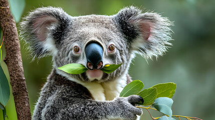 Obraz premium Close-Up Portrait of a Fluffy Koala Eating Eucalyptus Leaves in a Lush Green Forest Setting in Daylight with Beautiful Grey Fur and Expressive Eyes