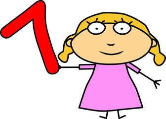 Girl holding number 7. Cartoon vector illustration. Background modern new