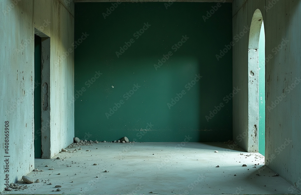 Poster rough textured concrete walls with a backdrop of dark, muted colors like black jade and emerald gree