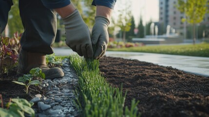 Landscaping worker placing fresh sod in a commercial park. Featuring precision and urban greenery