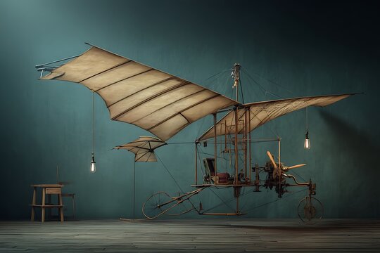A vintage steampunk flying machine in a dimly lit room, hinting at historical innovation and dreams of flight.