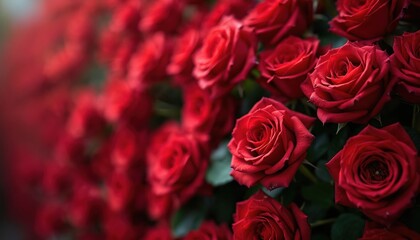 Obraz premium Close-up of vibrant red roses. Soft focus and blurred background create romantic, beautiful backdrop. Flowers petals in bloom. Elegant symbol of love, passion, Valentine Day.