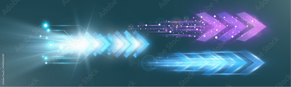 Poster futuristic speed background with glowing arrows, motion blur, digital technology concept, fast-movin