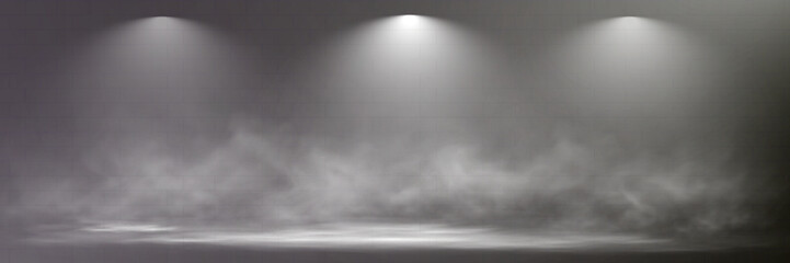 Fototapeta premium Realistic spotlight stage with fog, dramatic lighting, empty scene, transparent effect, and atmospheric smoke.