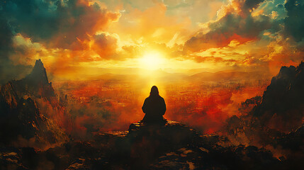 Cinematic wide shot of Jesus praying under a glowing sky, his silhouette framed by jagged rocks and soft beams of sunlight piercing the atmosphere soft royal hues of red, gold, and ivory.