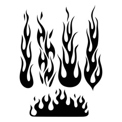 Fire flames silhouette set vector black color white background.