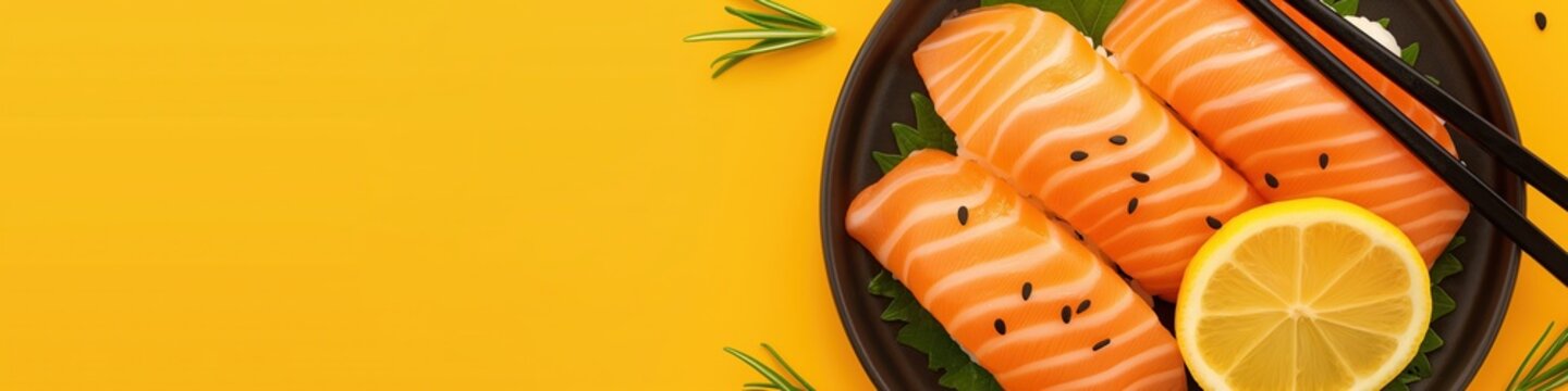 Close up delicious and bright Salmon suchi, wide panoramic banner with copy space.