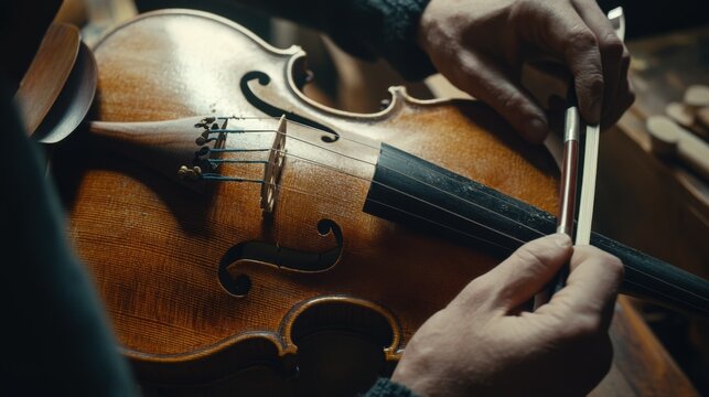 Luthier carefully shaping the body of a handmade violin in a workshop. Featuring craftsmanship and musical tradition