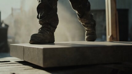 Construction worker lifting heavy tiles for flooring installation. Featuring strength and accuracy