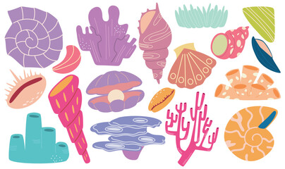 Set of sea elements, corals, seaweeds, shells isolated on white background.