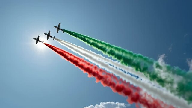 Witness an impressive aerial display as planes perform during Republic Day in Italy, creating vibrant trails in the colors of the Italian flag against a clear blue sky. A remarkable celebration