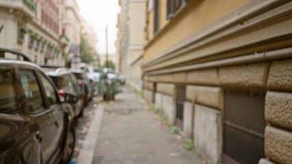 Blurred view of street in old town rome, italy with defocused bokeh effect, capturing outdoor atmosphere and architectural details.