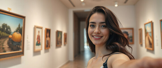 Young woman taking selfie in art museum gallery with famous paintings