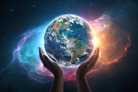 Hyper realistic render of glowing planet Earth held in hands with cosmic background during an imaginative twilight