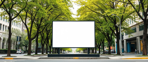 Large blank billboard displaying advertising mockup in green city street