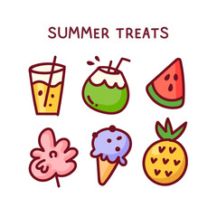 Vector doodle illustration of pineapple, watermelon, coconut, ice cream, cotton candy, and soda. Hand-drawn treats set. Isolated clipart for summer, vacation, and delicious food designs