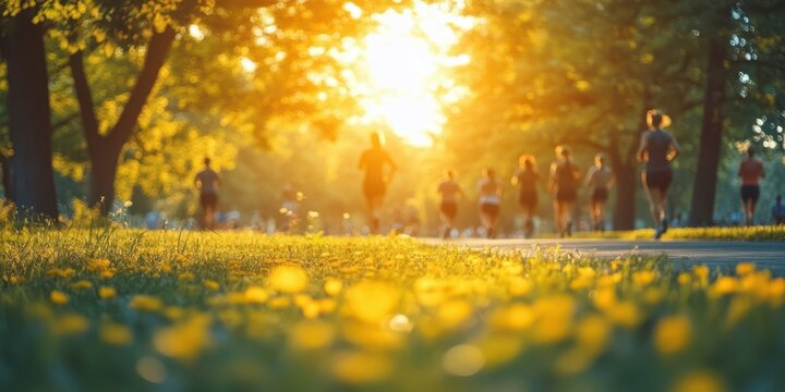 Runners enjoying a sunny afternoon in a park with vibrant greenery and warm sunlight shining through trees